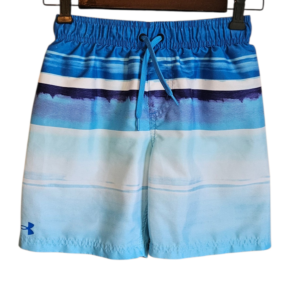 Under Armour Boys Youth Medium YMD Blue Striped Watercolor Swim Trunks